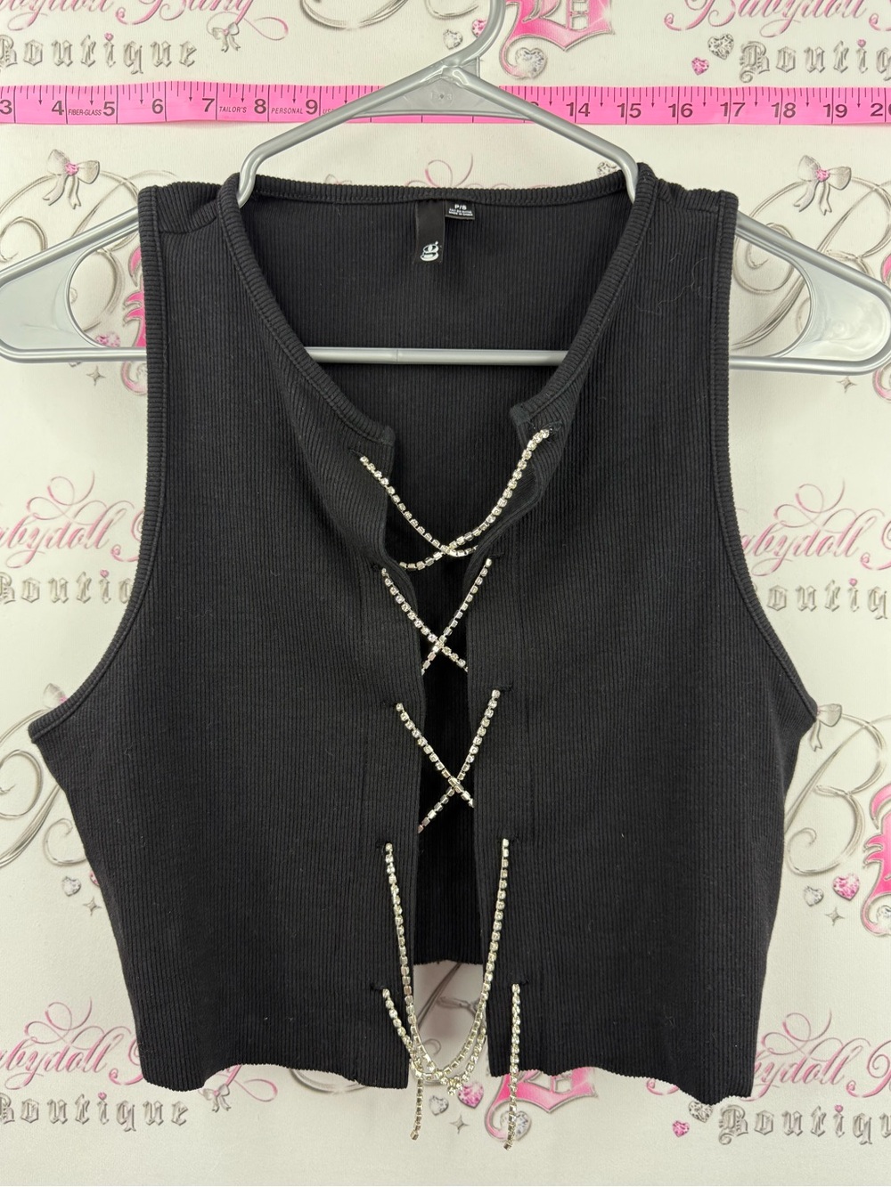 Garage Black tank top silver crystals Rhinestone Lace-Up Ribbed Crop Tank